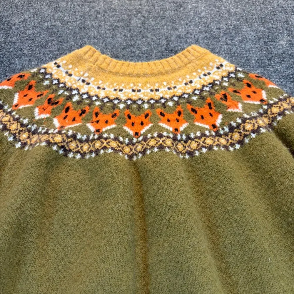 Fair Isle Highland Fox Soft Crewneck Sweater Green Yellow Orange Size Large